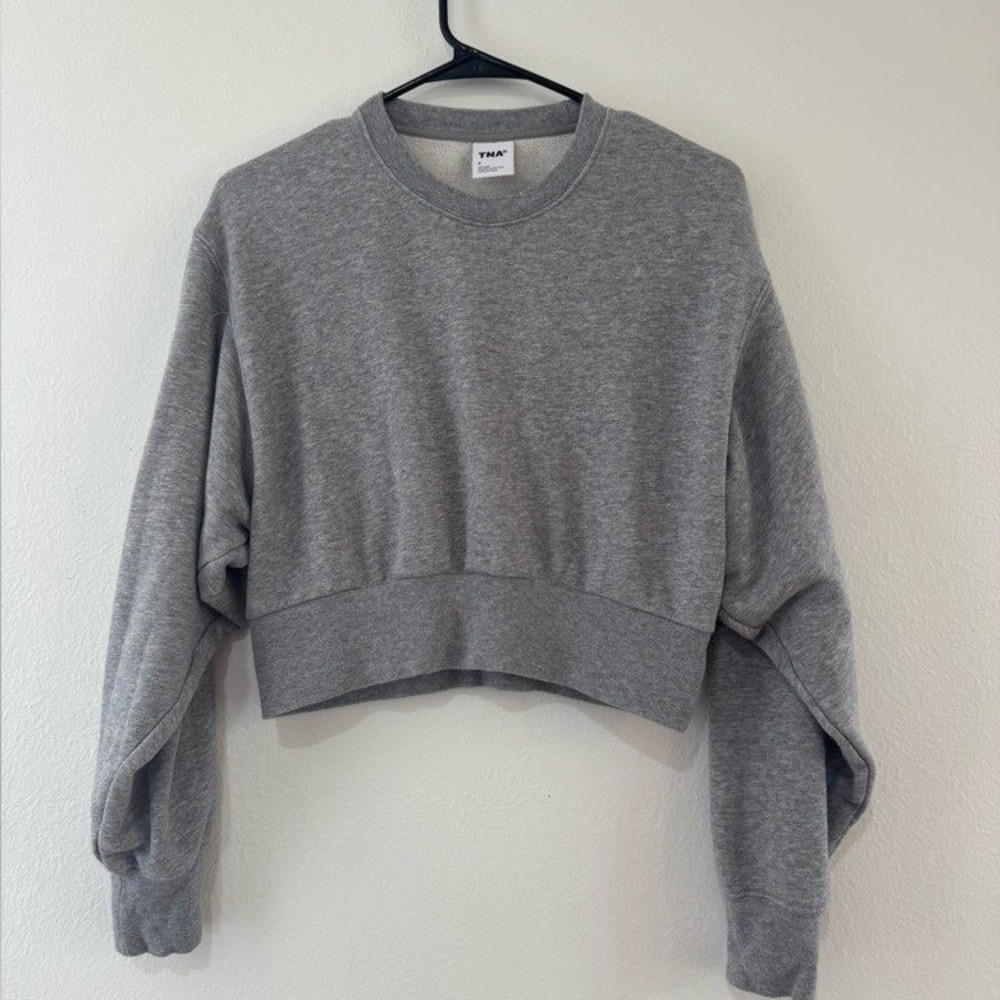 Aritzia TNA Women Grey Cropped Sweatshirt Boxy Pullover Crew Neck Size S (1273)